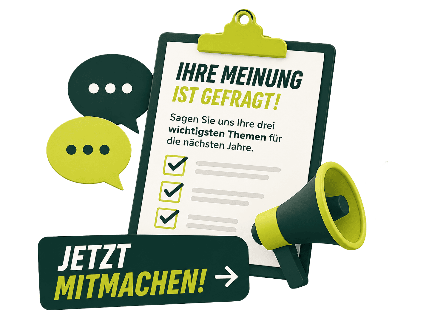 Illustration mit Klemmbrett, Checkliste, Sprechblasen und Megafon zur Bürgerumfrage von Ralf Nentwich. Bürgerinnen und Bürger können ihre wichtigsten Themen für die kommenden Jahre einreichen.