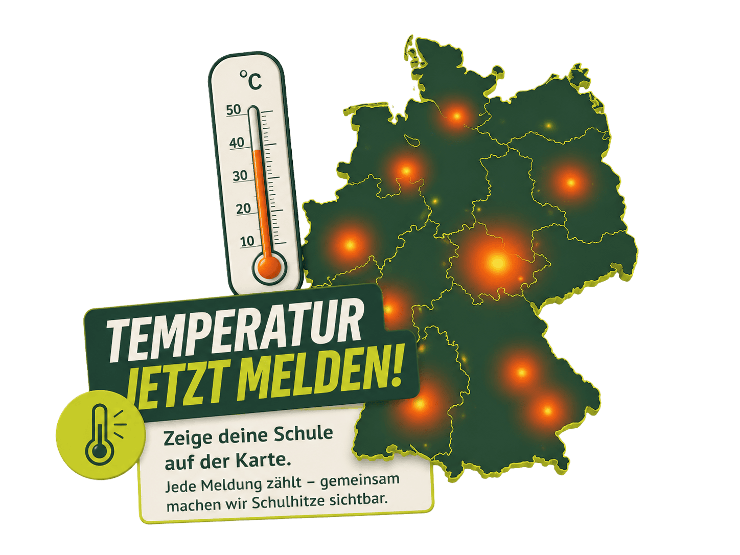 Illustration einer Deutschlandkarte mit Hitzepunkten und Thermometer zur Schul-Heatmap. Schülerinnen und Schüler können Temperaturen im Klassenzimmer melden.